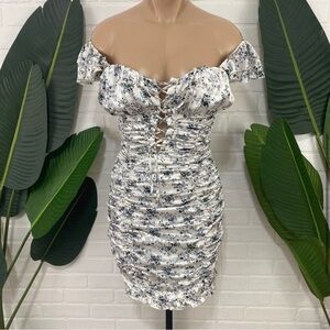 Pretty Little Thing white floral satin ruched bardot bodycon dress